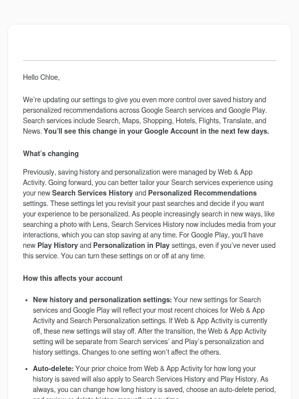 Newsletter preview: New privacy settings for Search services and Google Play