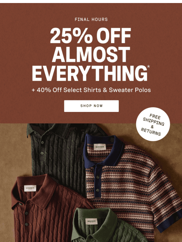 Newsletter preview: Final Hours for 40% Off Select Shirts & Sweaters